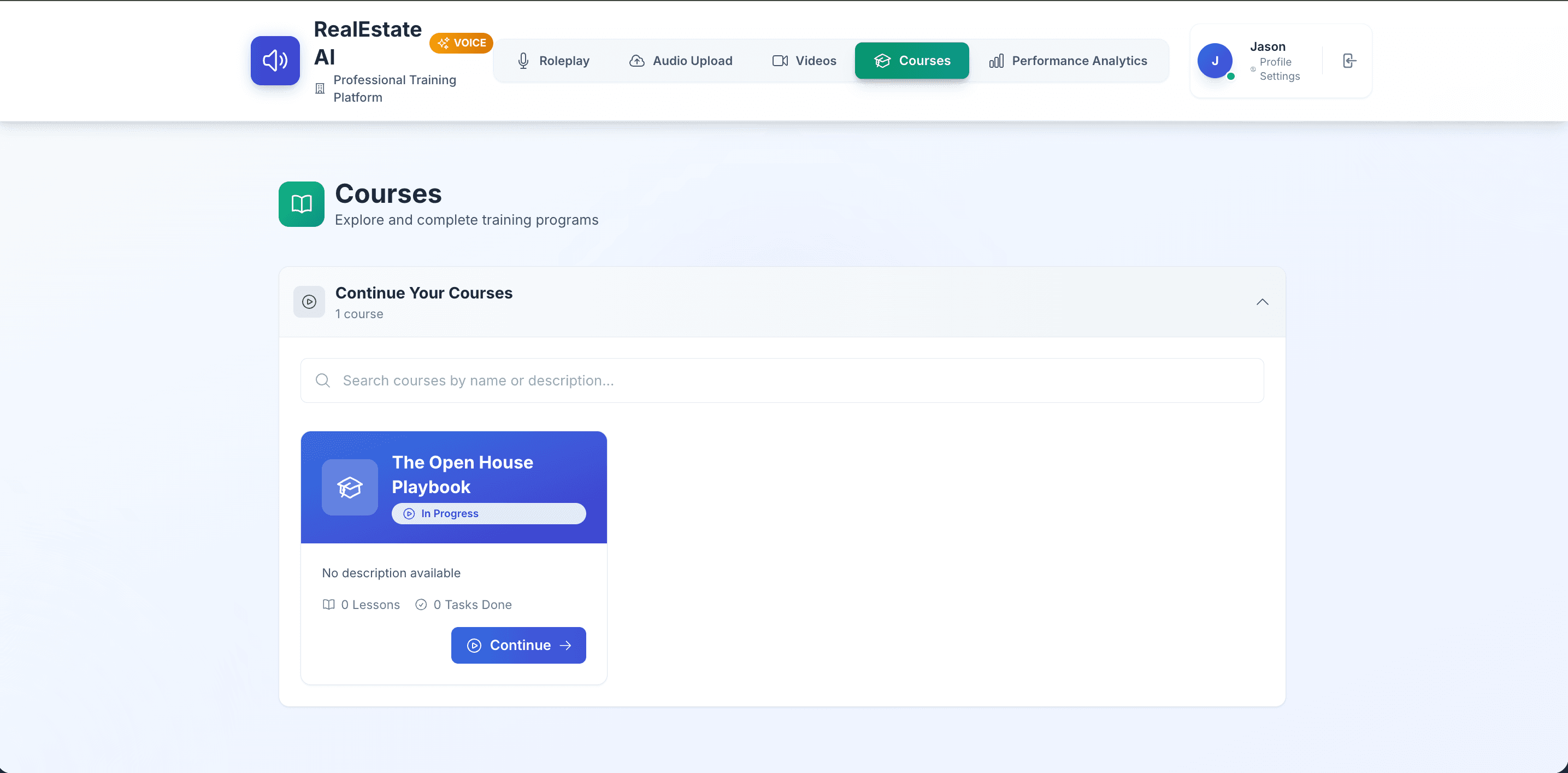 Courses: structured programs built from lessons and tasks — videos, documents, and roleplay scenarios — with progress states.