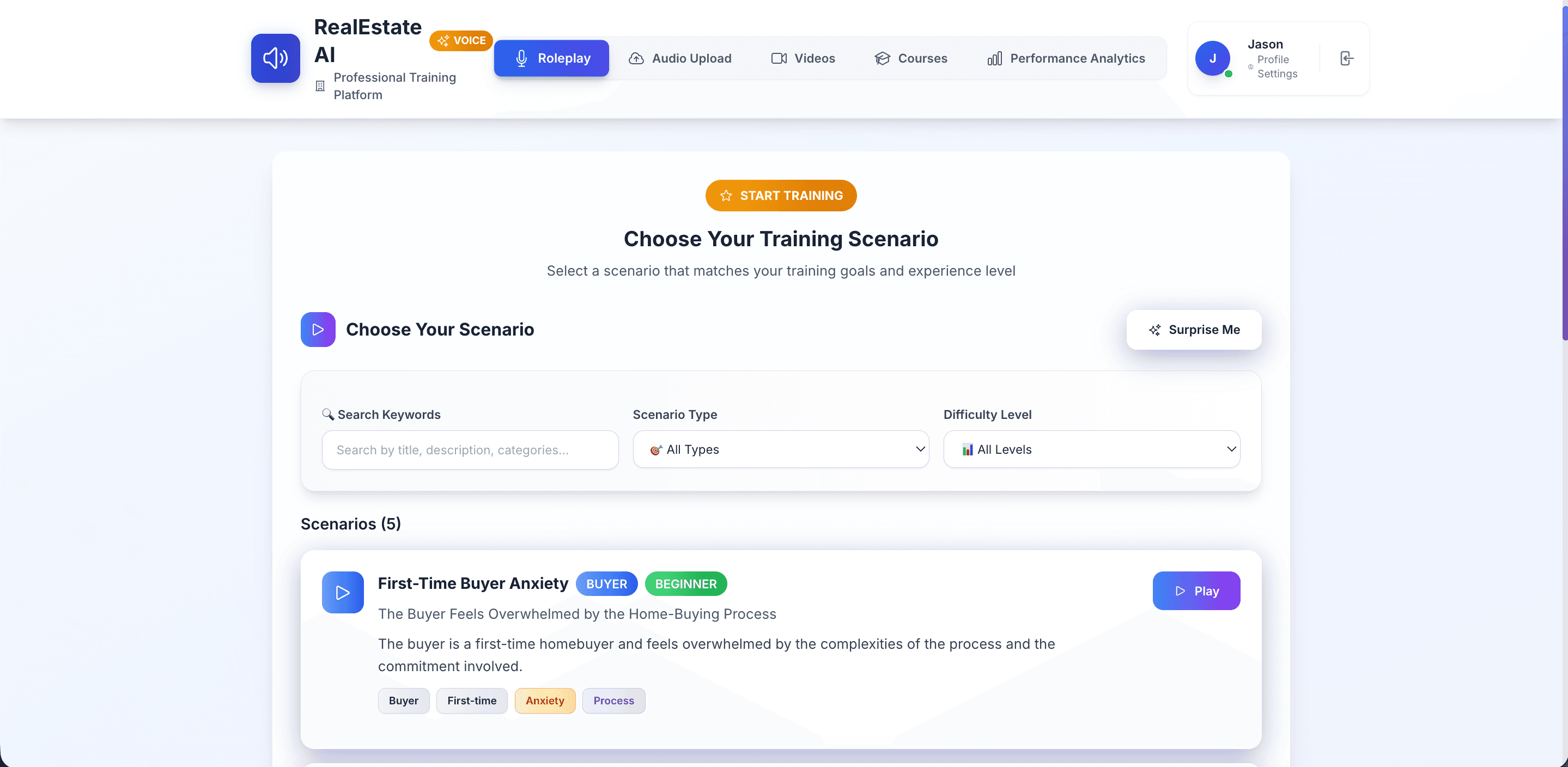 The scenario picker — buyer and seller personas across difficulty levels, shown in the platform's real-estate deployment.