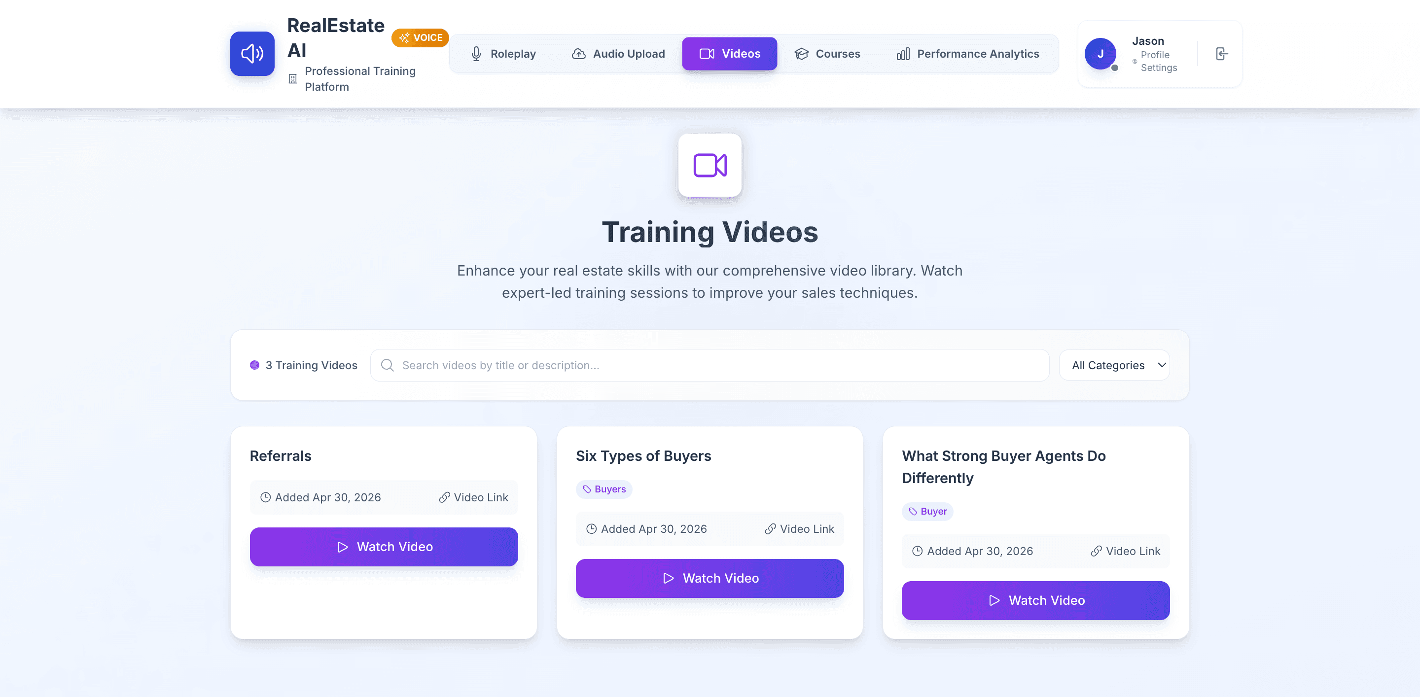The training video library — expert-led sessions, tagged and searchable, sitting alongside the roleplay scenarios they prepare reps for.