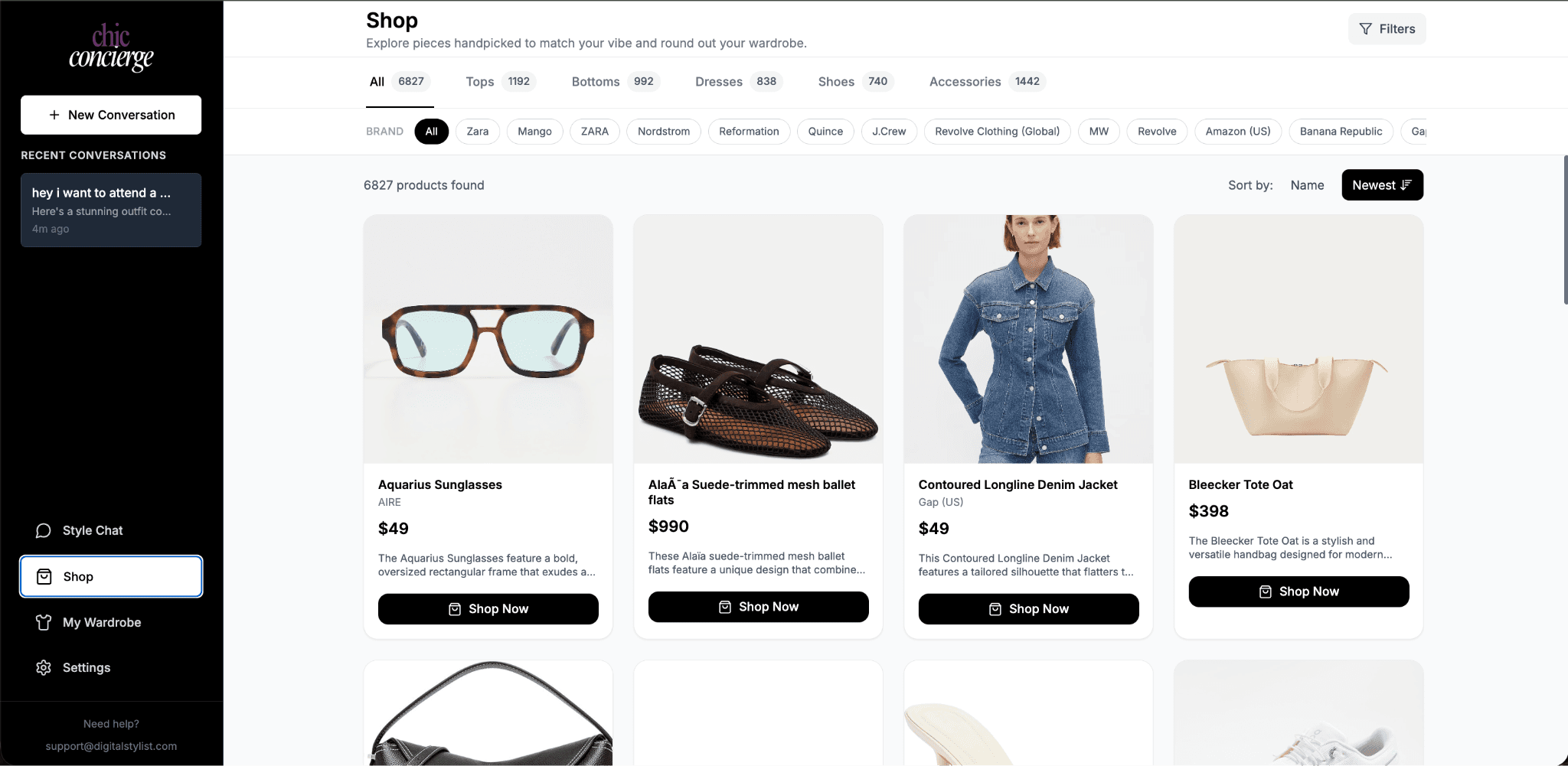 The Shop — thousands of live products across tops, bottoms, dresses, shoes, and accessories, filterable by brand, every card shoppable through affiliate links.