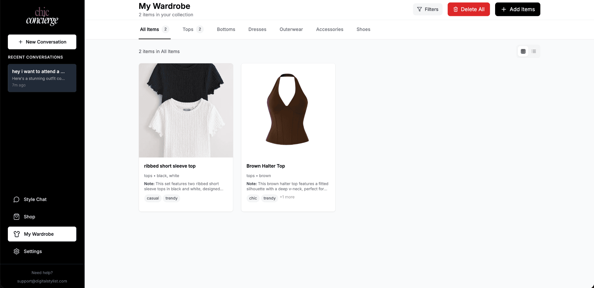 The digital wardrobe — owned items catalogued with photo upload, AI-generated style tags, and category tabs: the inventory the stylist draws from before any recommendation.