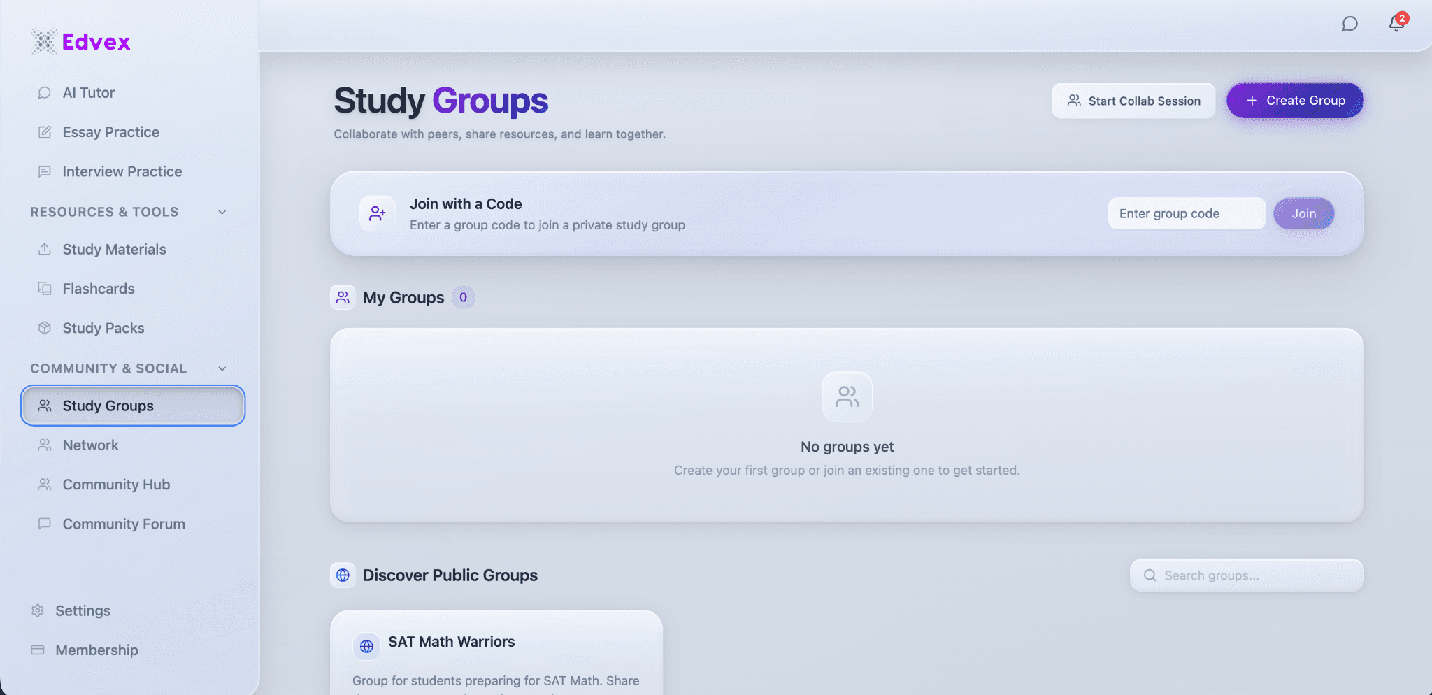 Study Groups — join with a code, discover public groups, or start a collaborative session from the same sidebar students use for practice.