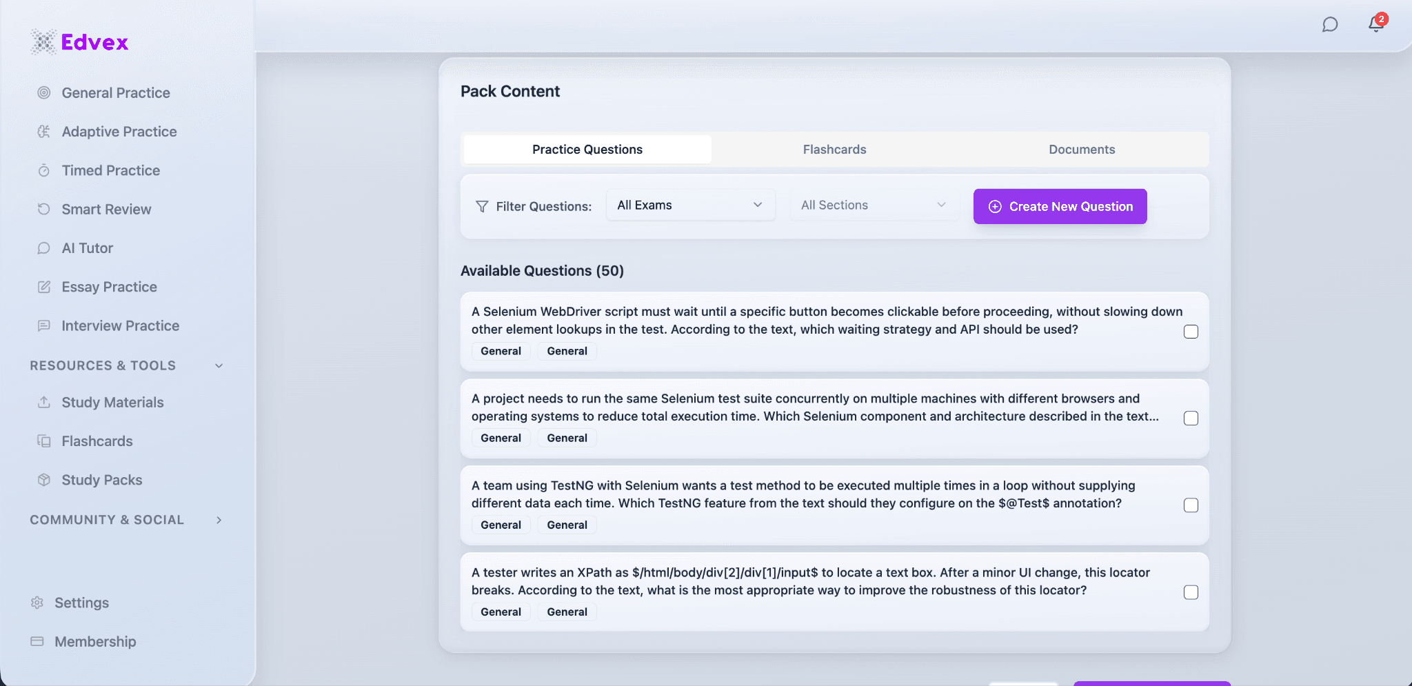 The Study Packs content browser — 50 practice questions filterable by exam and section, alongside Flashcards and Documents, all in one pack.