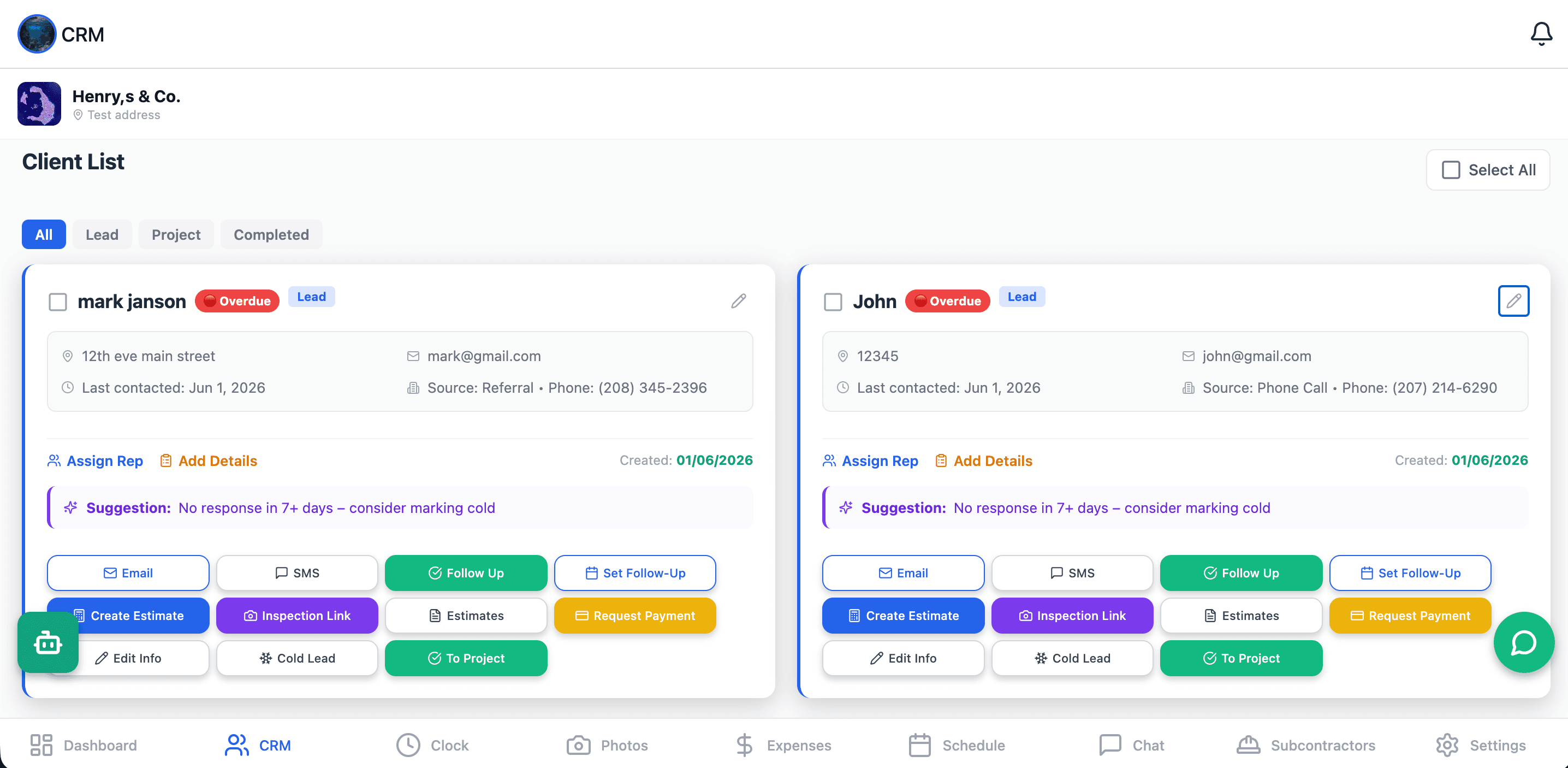 The CRM — every client card carries its own actions: email, SMS, follow-ups, estimates, inspection links, and payment requests, with AI suggestions.