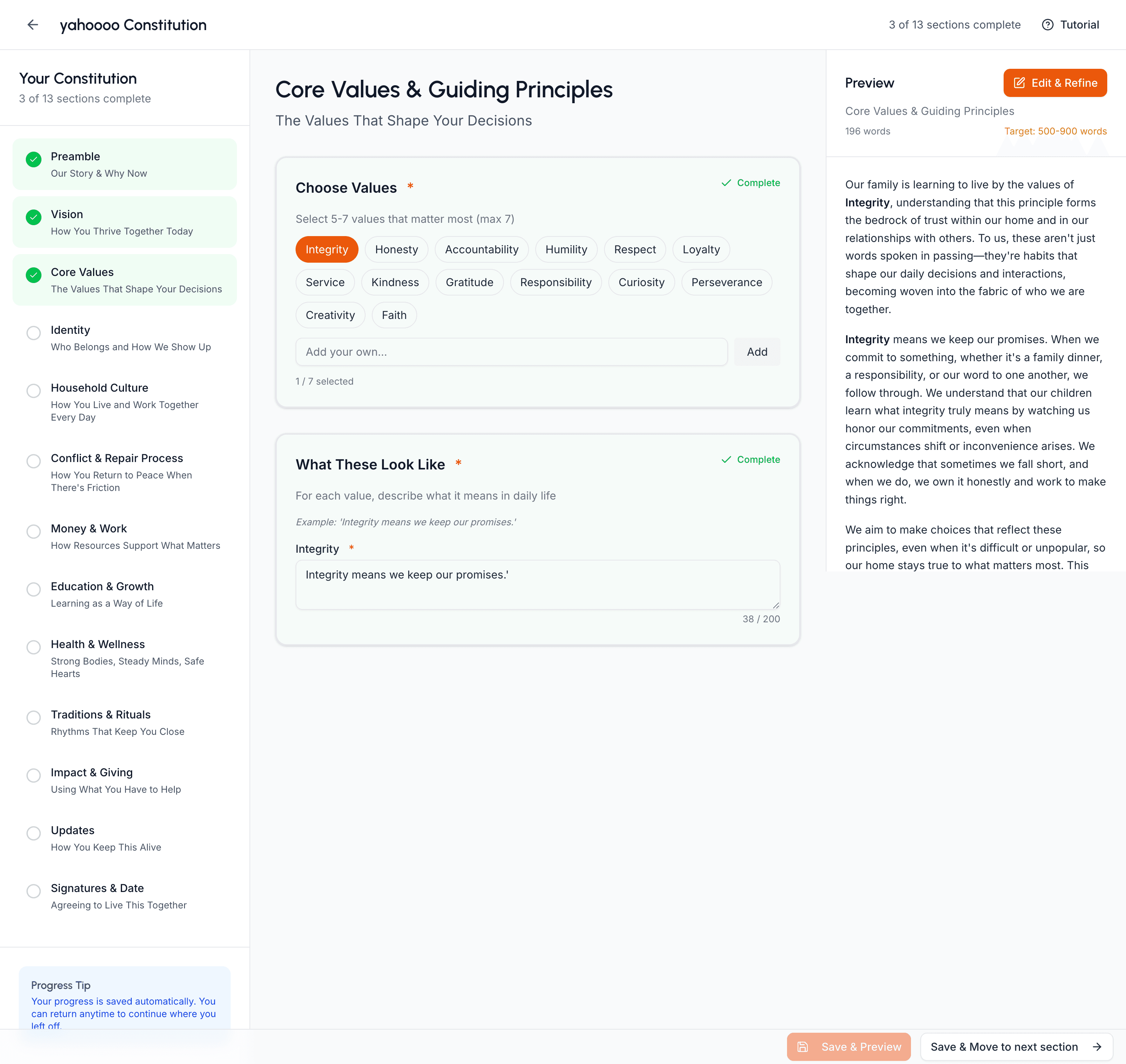 The Family Constitution builder — guided prompts on the left, a live AI-drafted preview on the right, tracking a 500–900-word target per section.