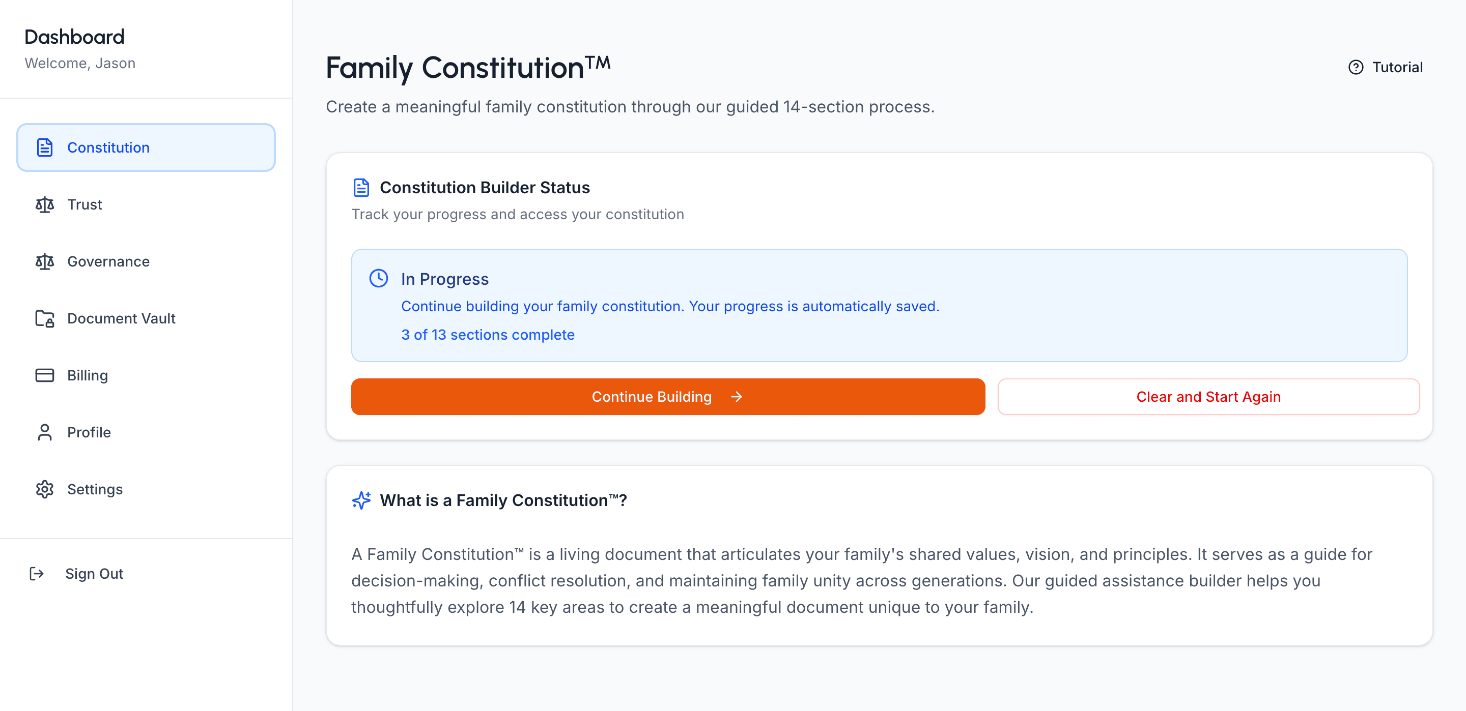 The client dashboard — constitution progress, section by section, auto-saved. Pick up any time.