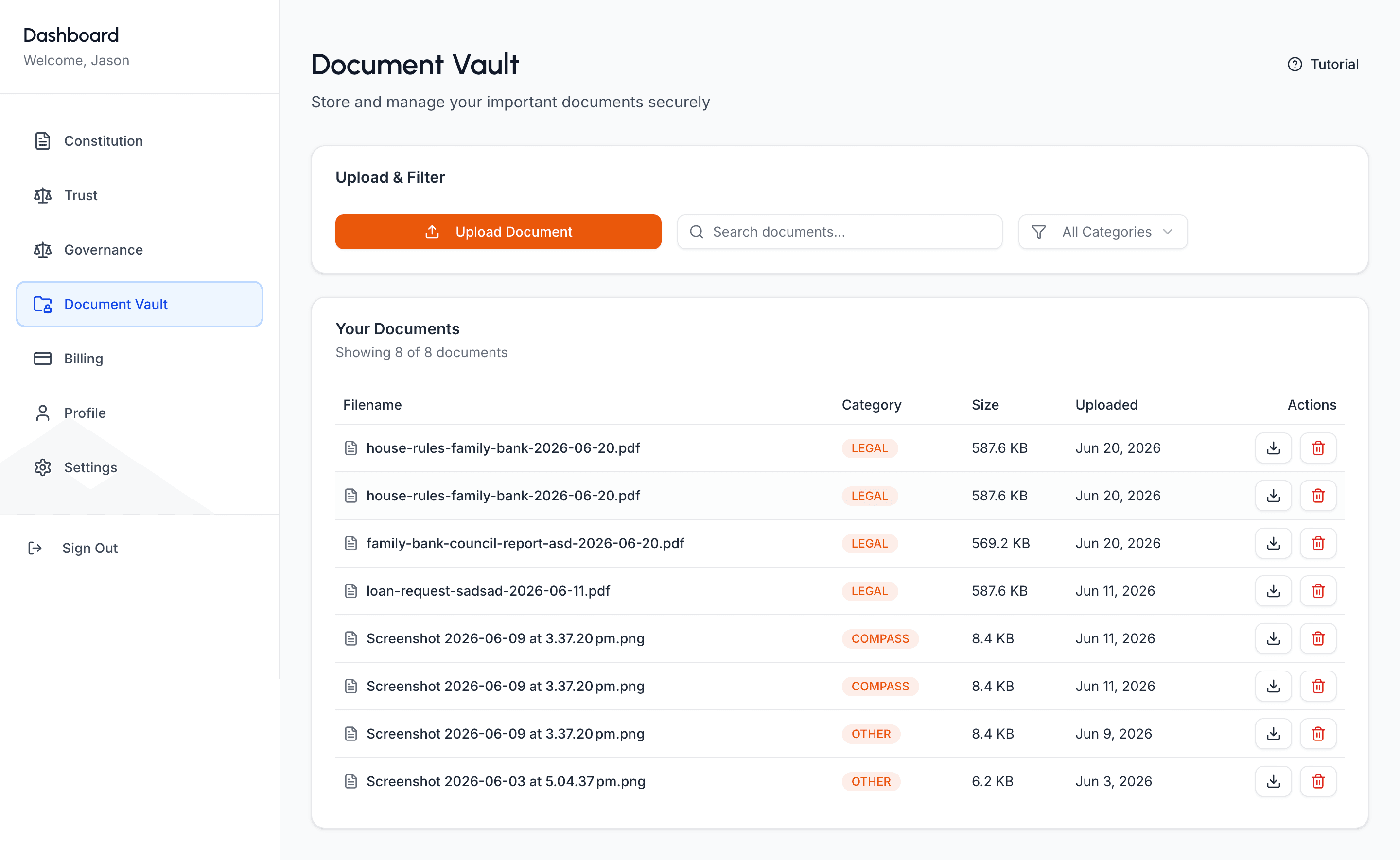 The document vault in use — house rules, family-bank council reports, and loan requests: categorized, searchable, and downloadable, exactly where the governance suite filed them.